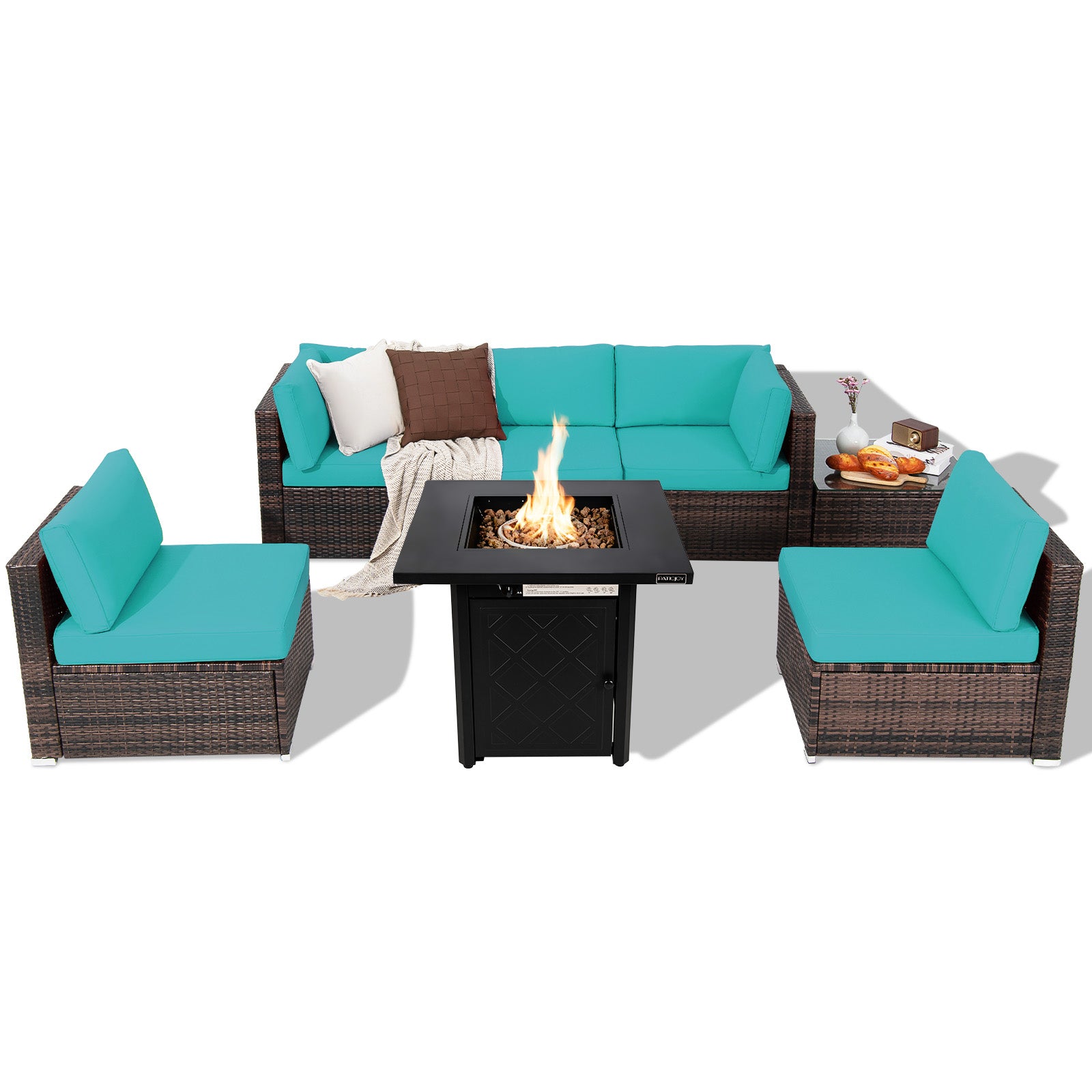 7 Pieces Patio Furniture Set with 28 Inches 50000 BTU Propane Gas Fire Pit Table-Red - Turquoise