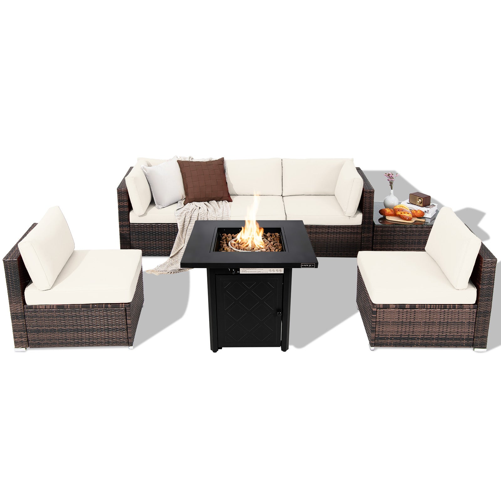 7 Pieces Patio Furniture Set with 28 Inches 50000 BTU Propane Gas Fire Pit Table-Red - White