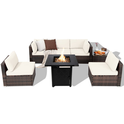 7 Pieces Patio Furniture Set with 28 Inches 50000 BTU Propane Gas Fire Pit Table-Red - White