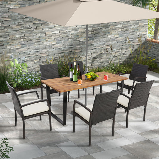 7 Pieces Patio Rattan Dining Set with Umbrella Hole-L