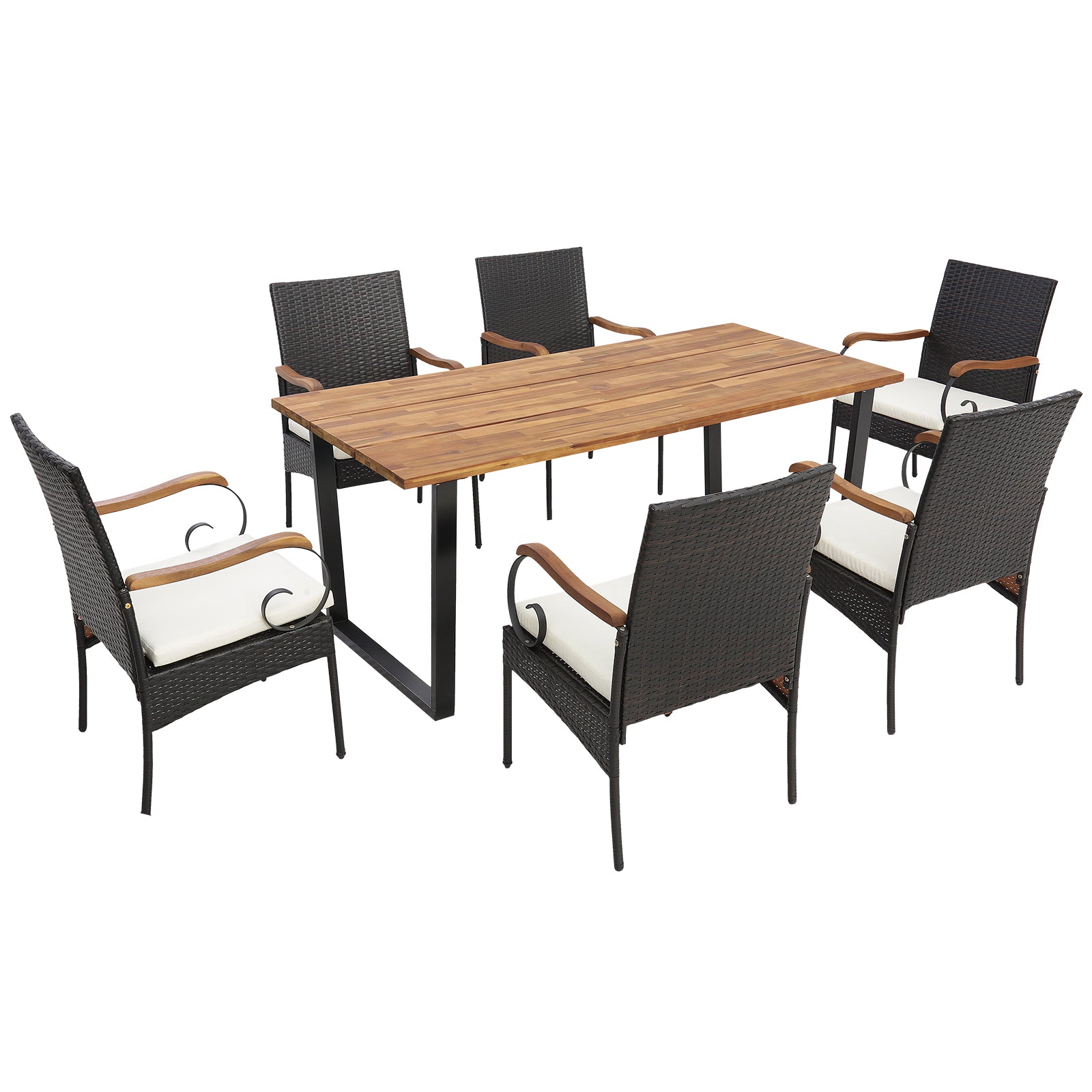 7 Pieces Patio Rattan Dining Set with Umbrella Hole-L-shaped Handrail - Curved Handrail