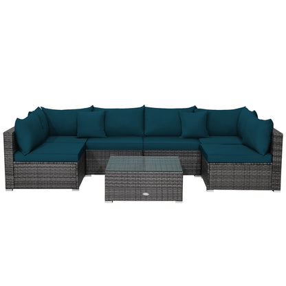 7 Pieces Patio Rattan Furniture Set with Sectional Sofa Cushioned-Green