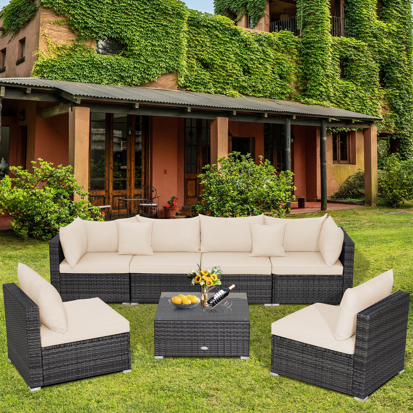 7 Pieces Patio Rattan Furniture Set with Sectional Sofa Cushioned-Beige