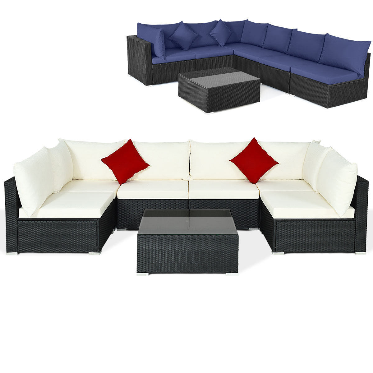 7 Pieces Sectional Wicker Furniture Sofa Set with Tempered Glass Top-Red - Off White & Navy