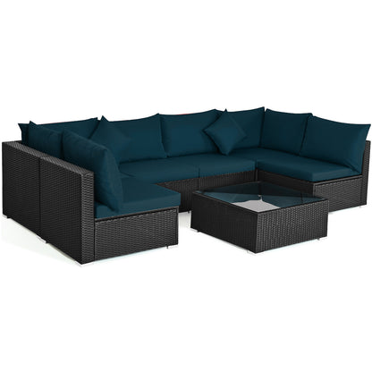 7 Pieces Sectional Wicker Furniture Sofa Set with Tempered Glass Top-Red - Peacock Blue