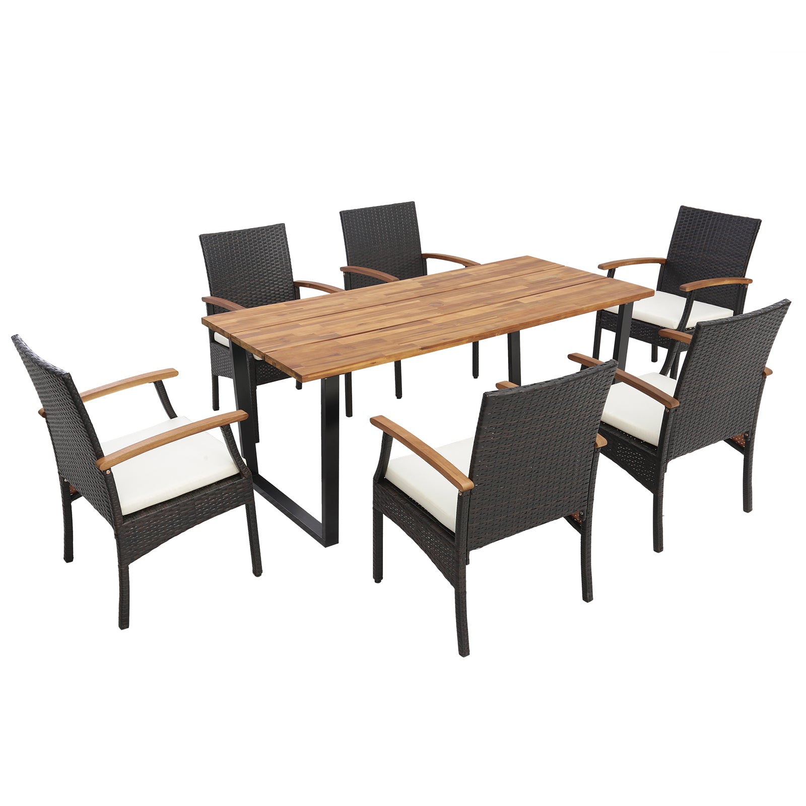 7 Pieces Patio Rattan Dining Set with Umbrella Hole-L-shaped Handrail - Wood Handrail