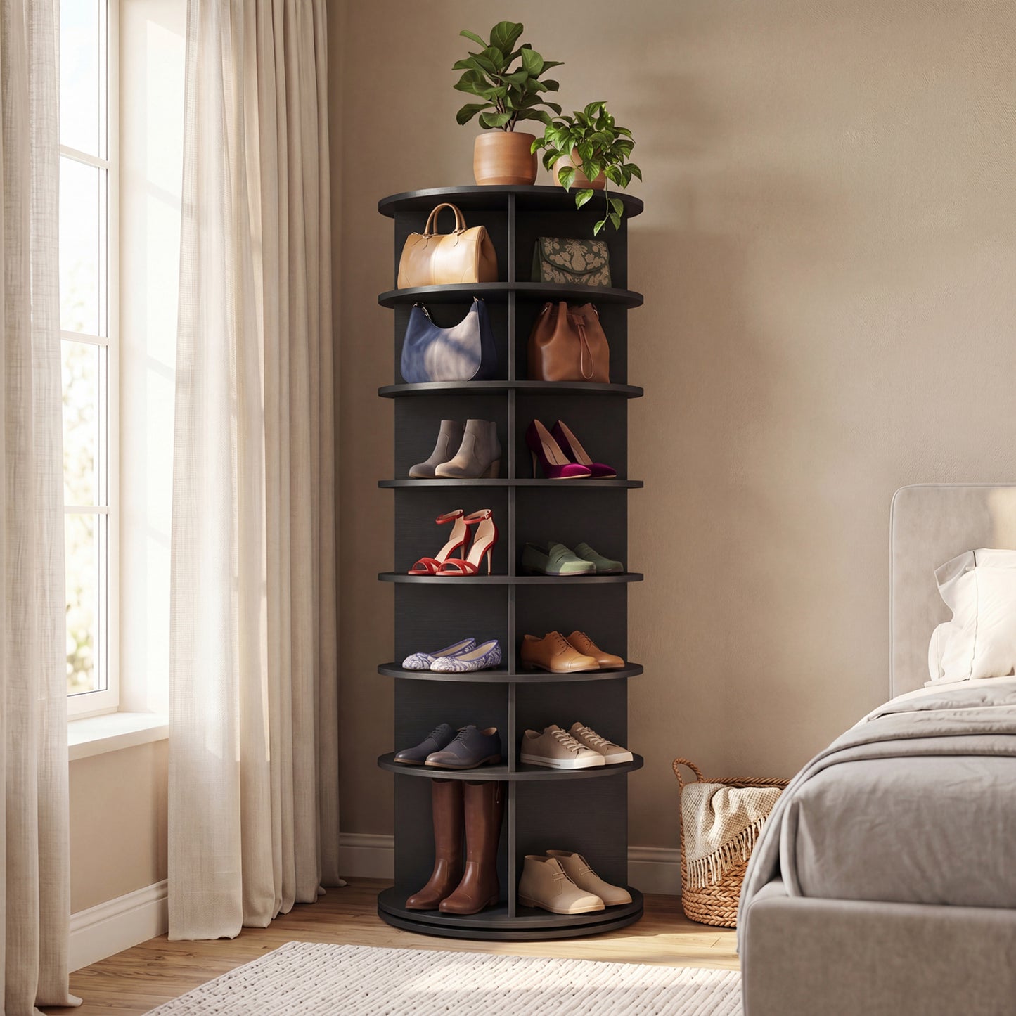 7-Tier Rotating Shoe Rack Tower with 360° Spin - White