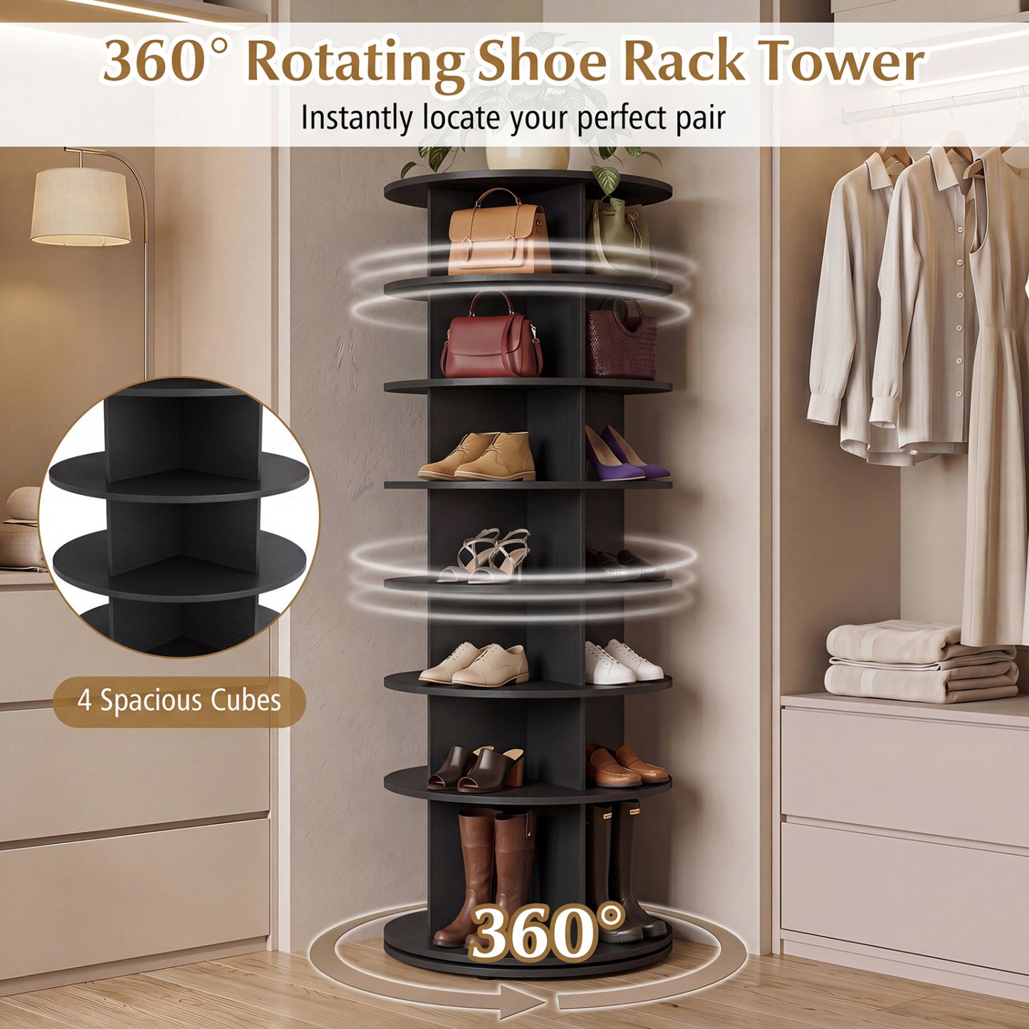7-Tier Rotating Shoe Rack Tower with 360° Spin - White