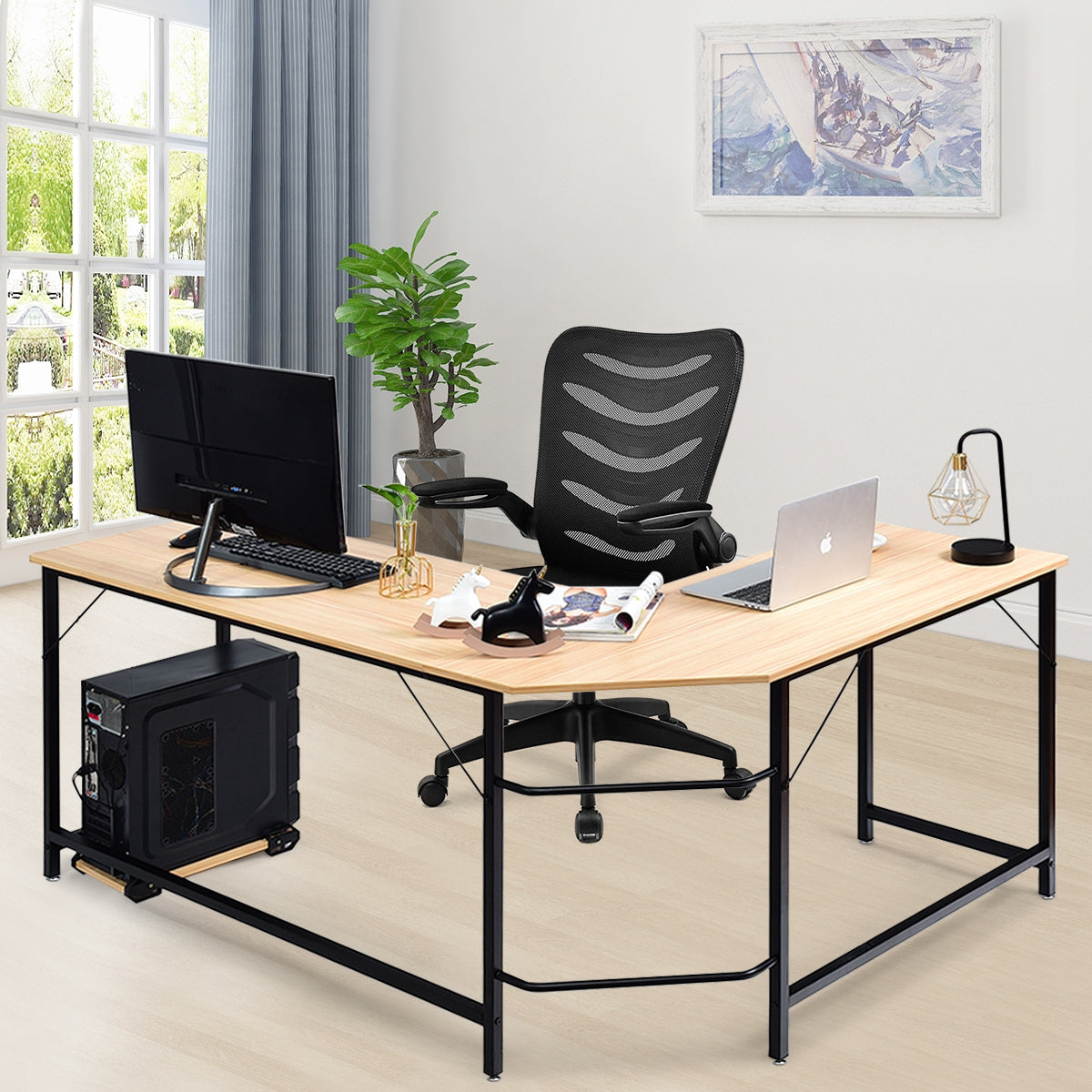 L Shaped Desk Corner Computer Desk PC Laptop Gaming Table Workstation-Natural