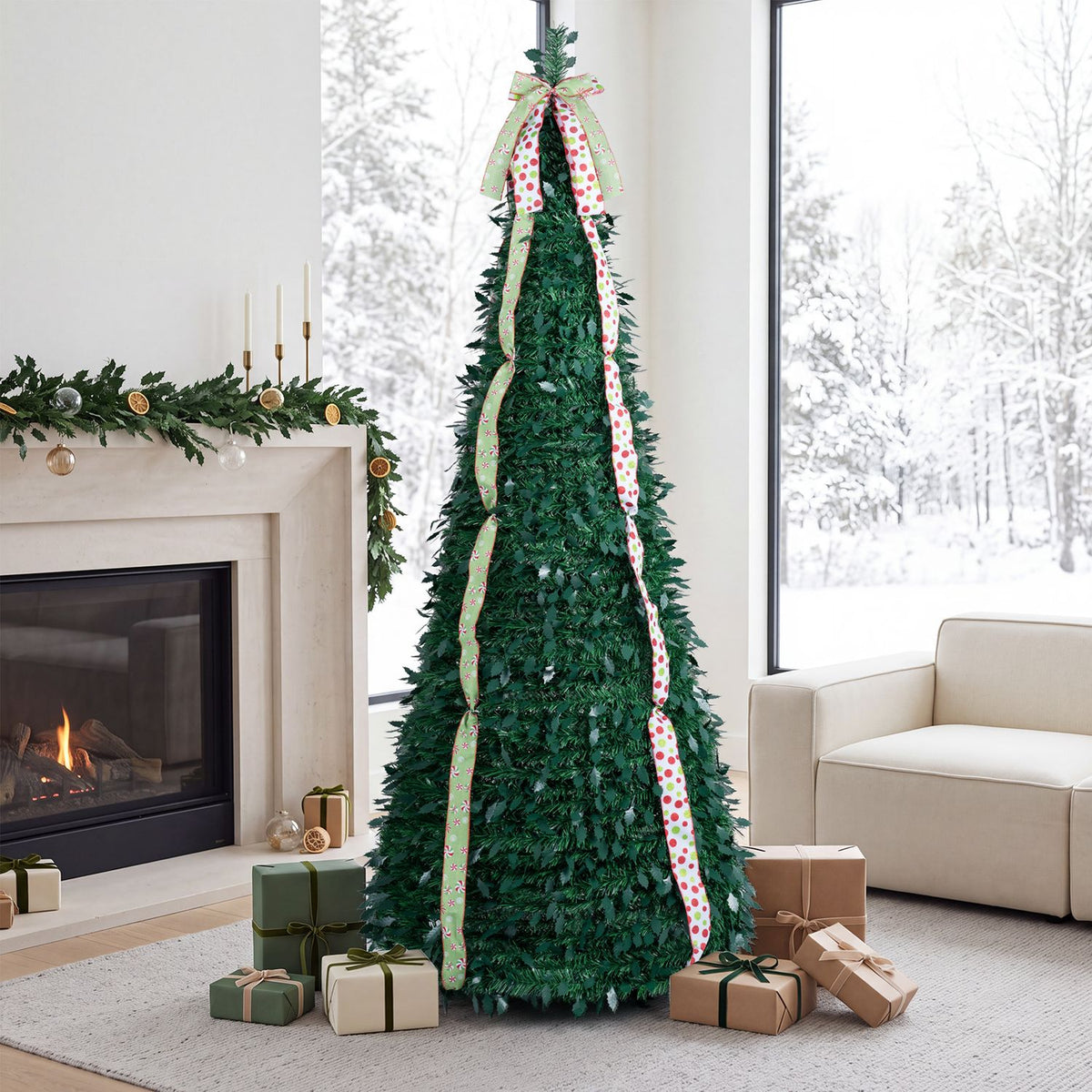 6 ft Pop Up Christmas Tree with PVC Holly Leaves 4 Festive Satin Ribbons and Top Christmas Bow