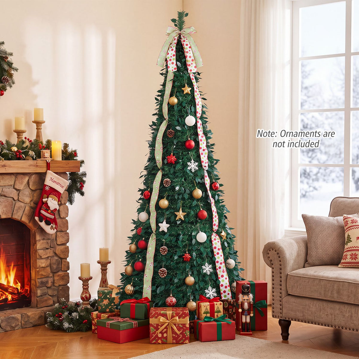 6 ft Pop Up Christmas Tree with PVC Holly Leaves 4 Festive Satin Ribbons and Top Christmas Bow