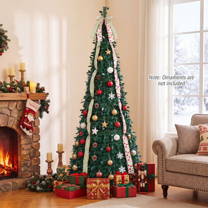 6 ft Pop Up Christmas Tree with PVC Holly Leaves 4 Festive Satin Ribbons and Top Christmas Bow