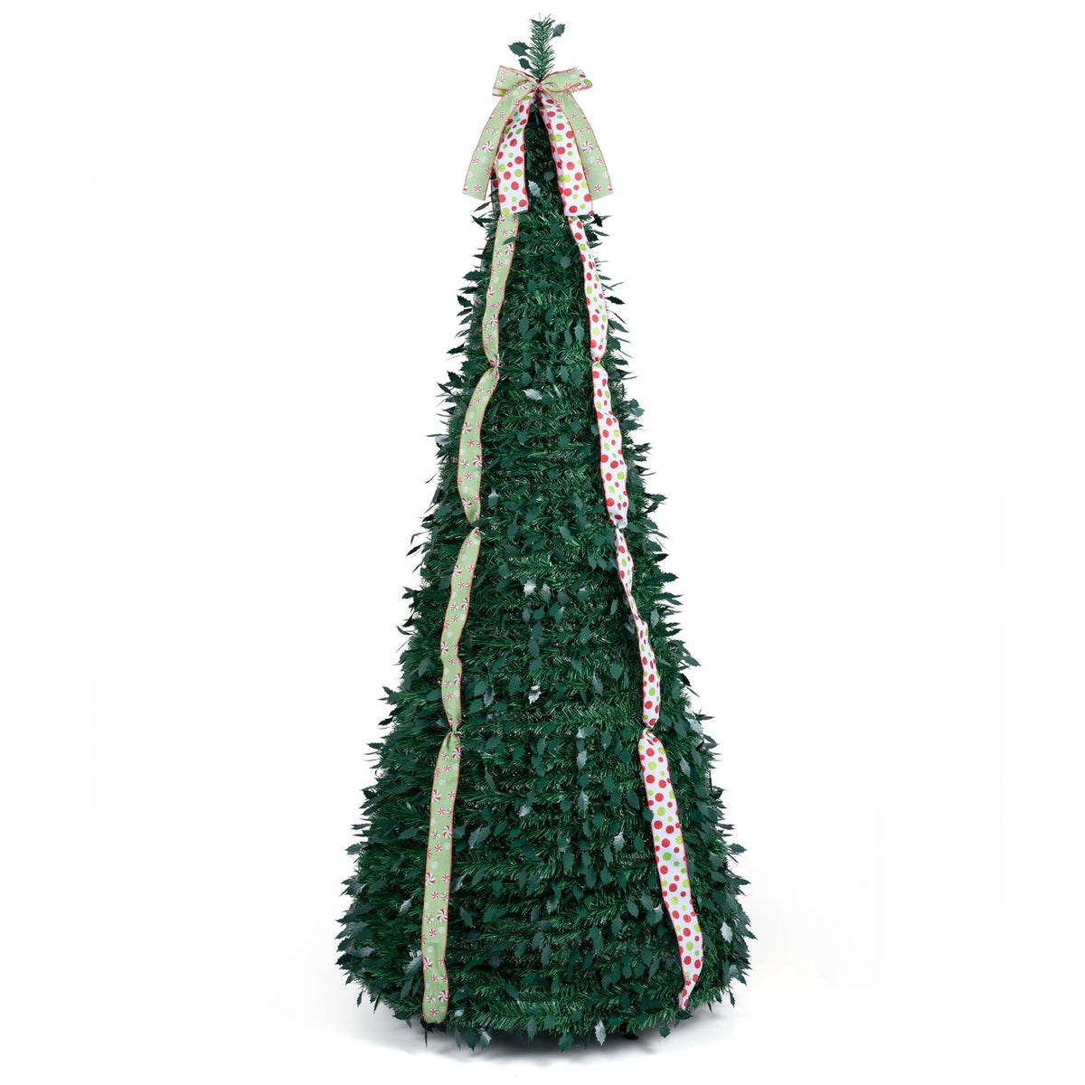 6 ft Pop Up Christmas Tree with PVC Holly Leaves 4 Festive Satin Ribbons and Top Christmas Bow
