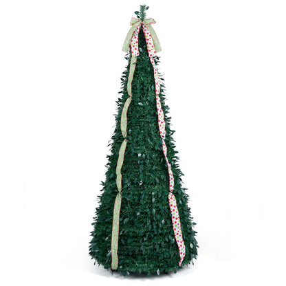 6 ft Pop Up Christmas Tree with PVC Holly Leaves 4 Festive Satin Ribbons and Top Christmas Bow