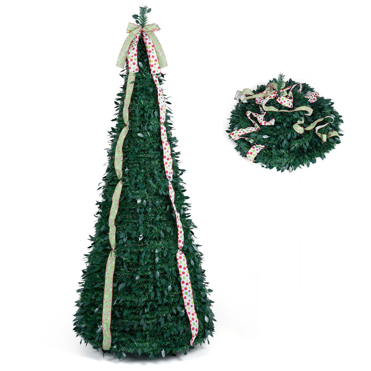 6 ft Pop Up Christmas Tree with PVC Holly Leaves 4 Festive Satin Ribbons and Top Christmas Bow