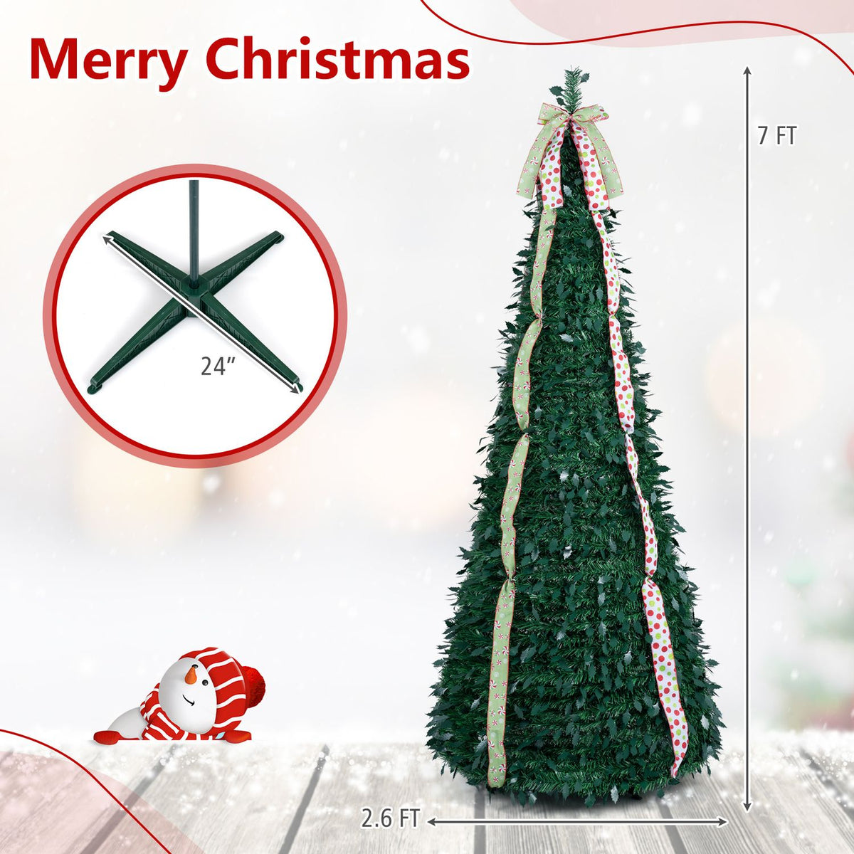6 ft Pop Up Christmas Tree with PVC Holly Leaves 4 Festive Satin Ribbons and Top Christmas Bow