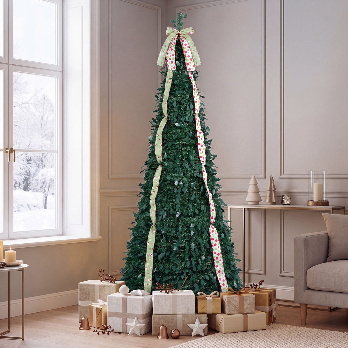 6 ft Pop Up Christmas Tree with PVC Holly Leaves 4 Festive Satin Ribbons and Top Christmas Bow