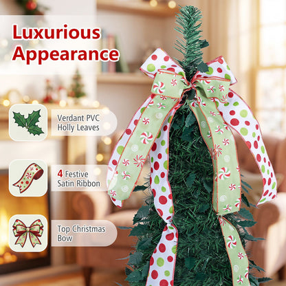 6 ft Pop Up Christmas Tree with PVC Holly Leaves 4 Festive Satin Ribbons and Top Christmas Bow