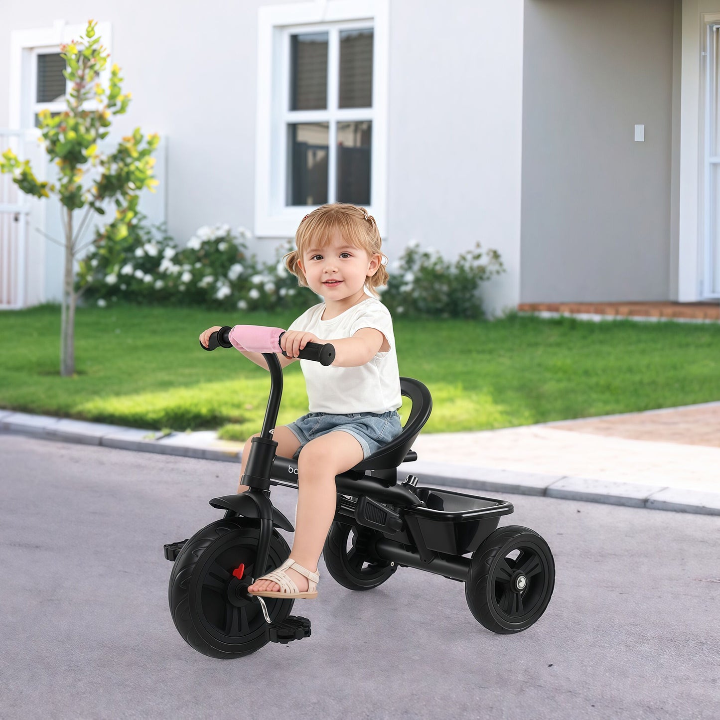 7-in-1 Baby Stroller Tricycle with Adjustable Canopy and Foldable Footrests for Ages 9-60 Months Old-Pink