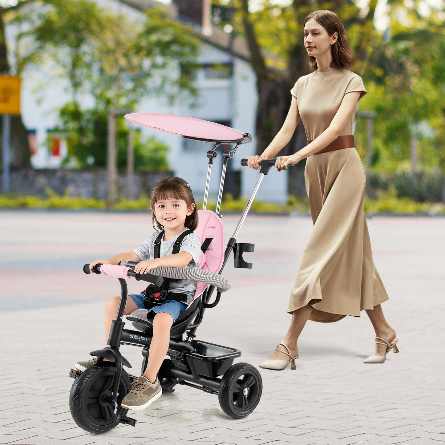 7-in-1 Baby Stroller Tricycle with Adjustable Canopy and Foldable Footrests for Ages 9-60 Months Old-Pink