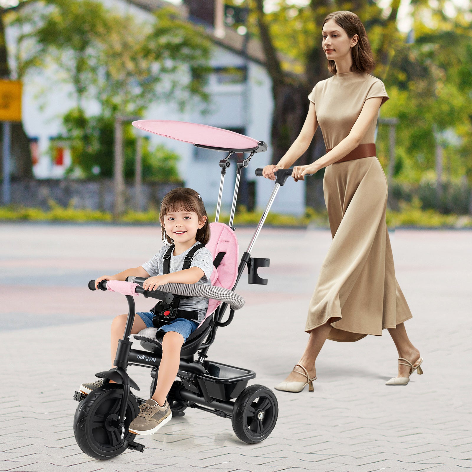 7-in-1 Baby Stroller Tricycle with Adjustable Canopy and Foldable Footrests for Ages 9-60 Months Old-Pink