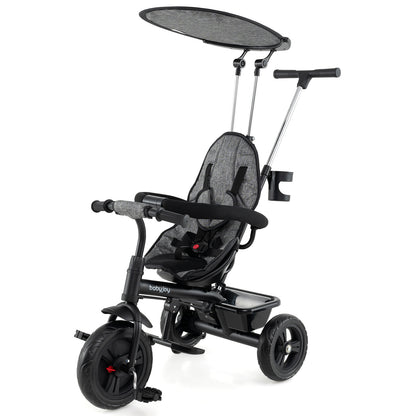 7-in-1 Baby Stroller Tricycle with Adjustable Canopy and Foldable Footrests for Ages 9-60 Months Old-Gray