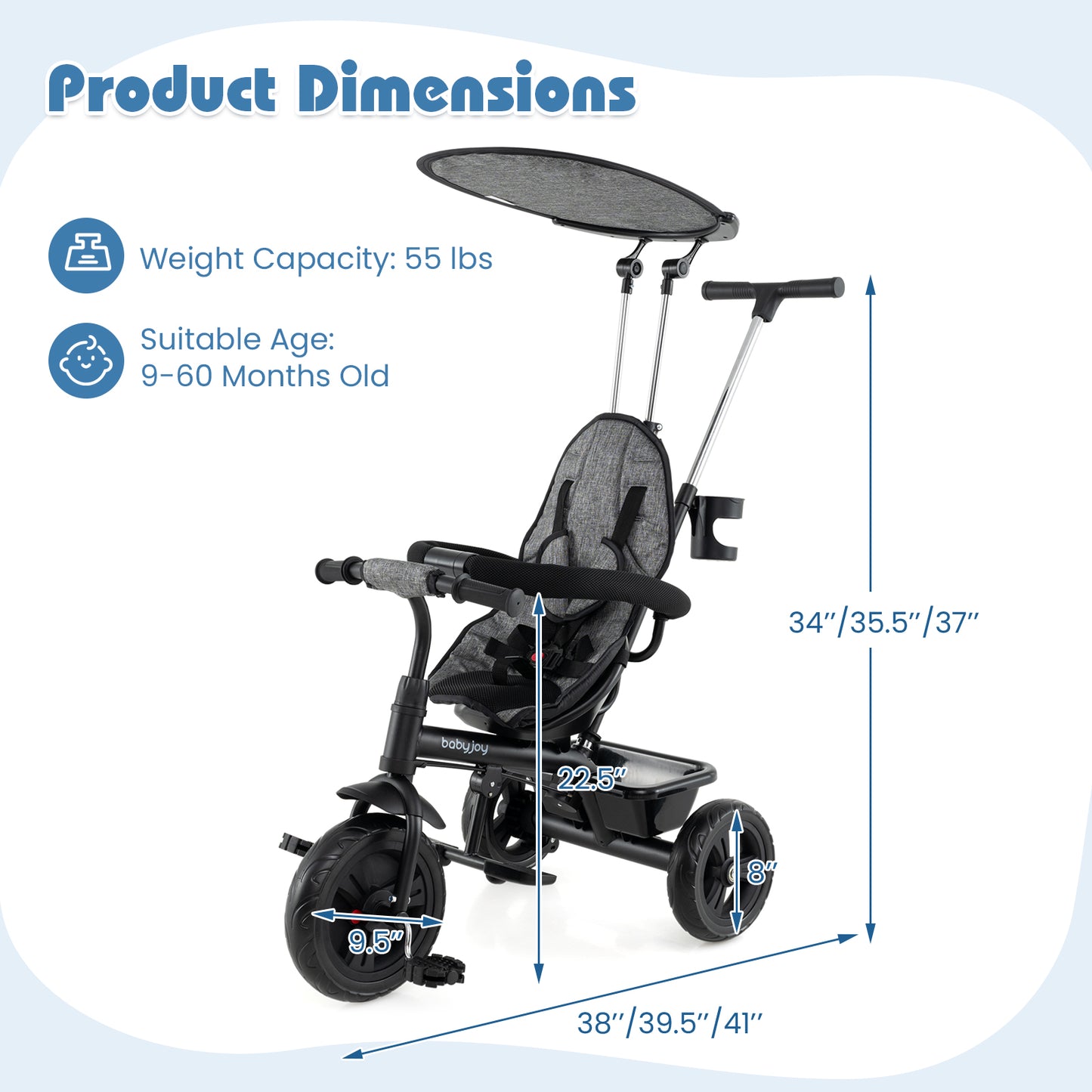 7-in-1 Baby Stroller Tricycle with Adjustable Canopy and Foldable Footrests for Ages 9-60 Months Old-Gray