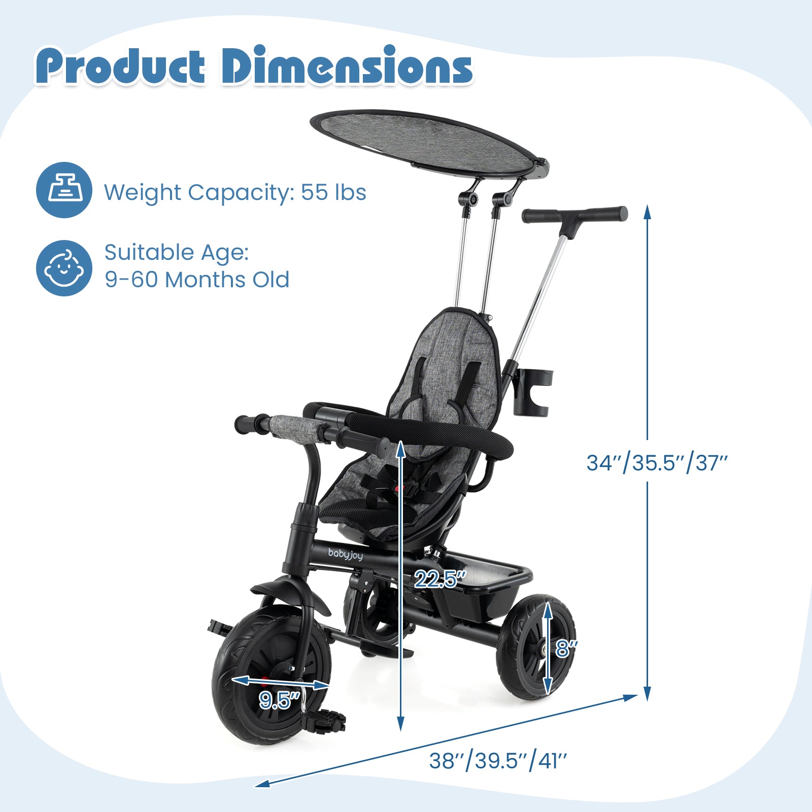 7-in-1 Baby Stroller Tricycle with Adjustable Canopy and Foldable Footrests for Ages 9-60 Months Old-Gray