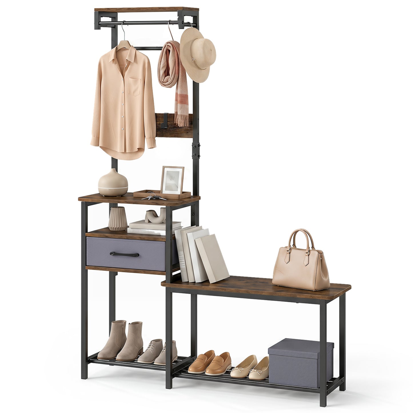 Hall Tree with Shoe Bench and Storage Hooks - Rustic Brown