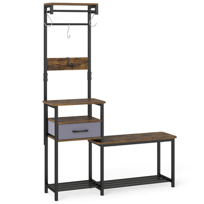 Hall Tree with Shoe Bench and Storage Hooks - Rustic Brown