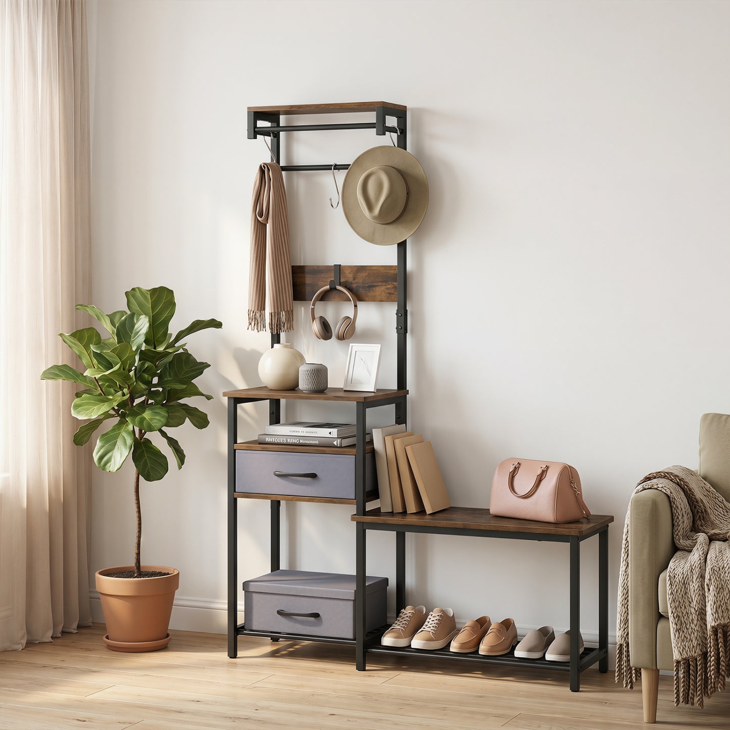 Hall Tree with Shoe Bench and Storage Hooks - Rustic Brown