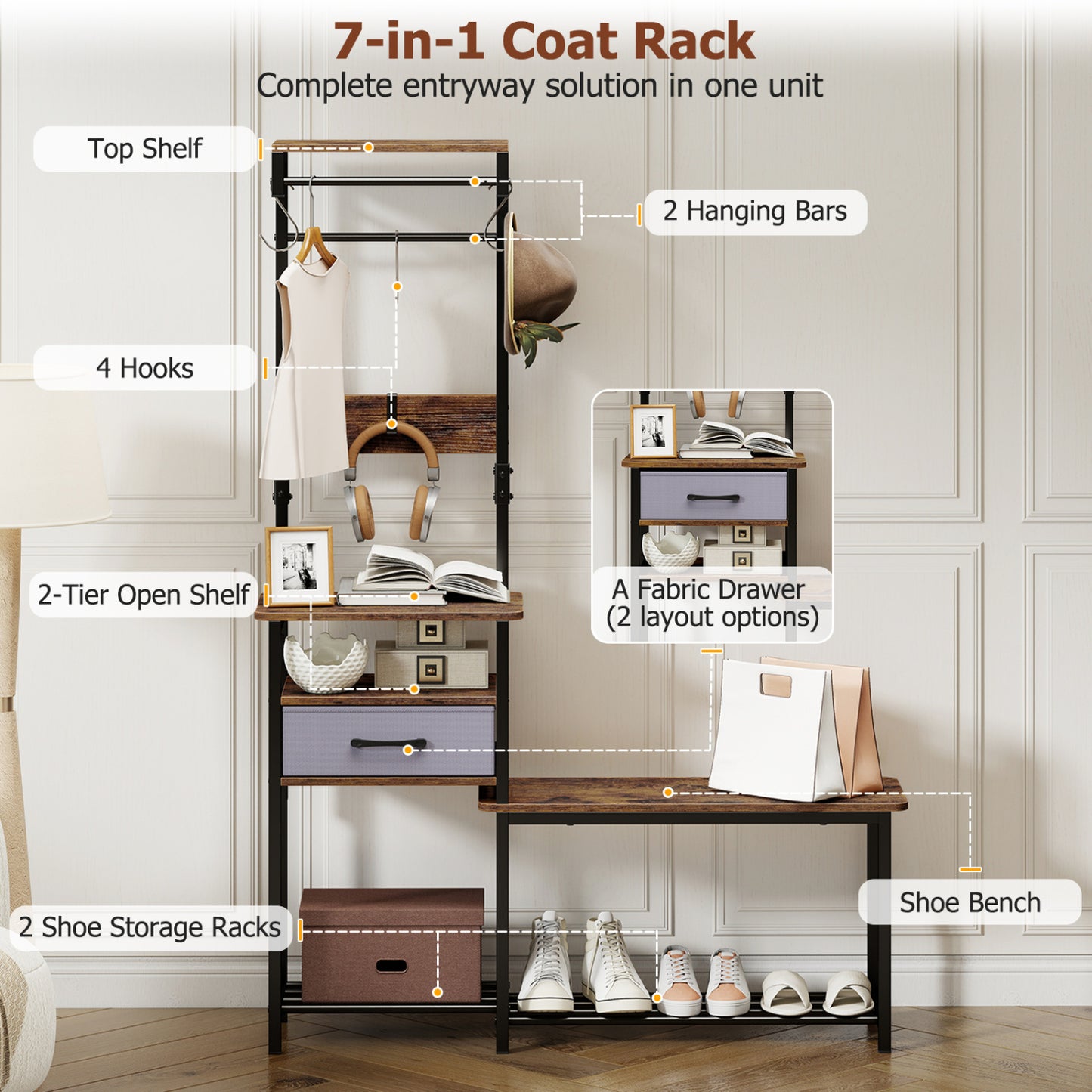 Hall Tree with Shoe Bench and Storage Hooks - Rustic Brown