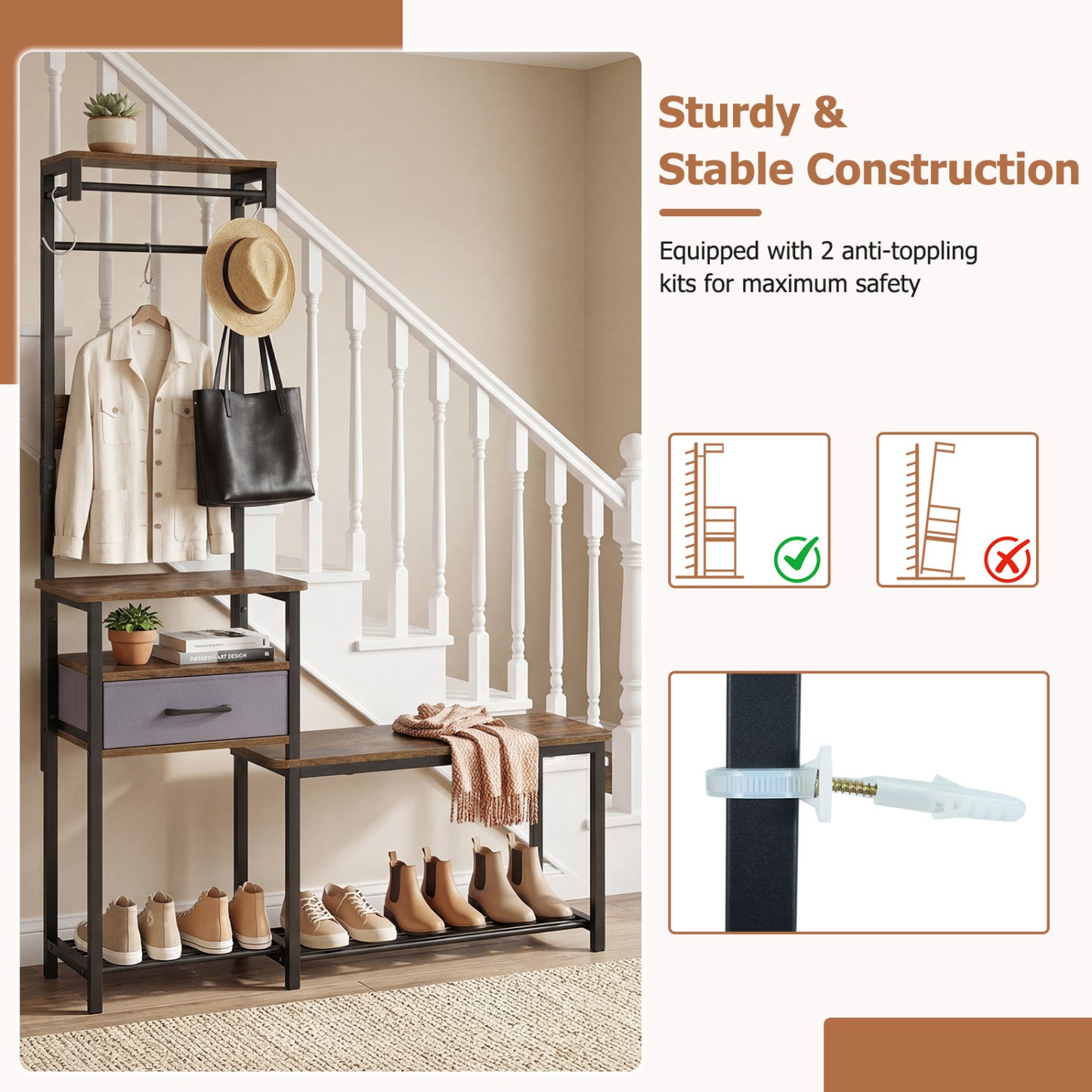 Hall Tree with Shoe Bench and Storage Hooks - Rustic Brown