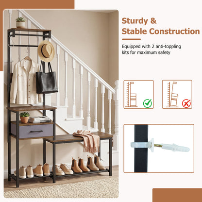 Hall Tree with Shoe Bench and Storage Hooks - Rustic Brown