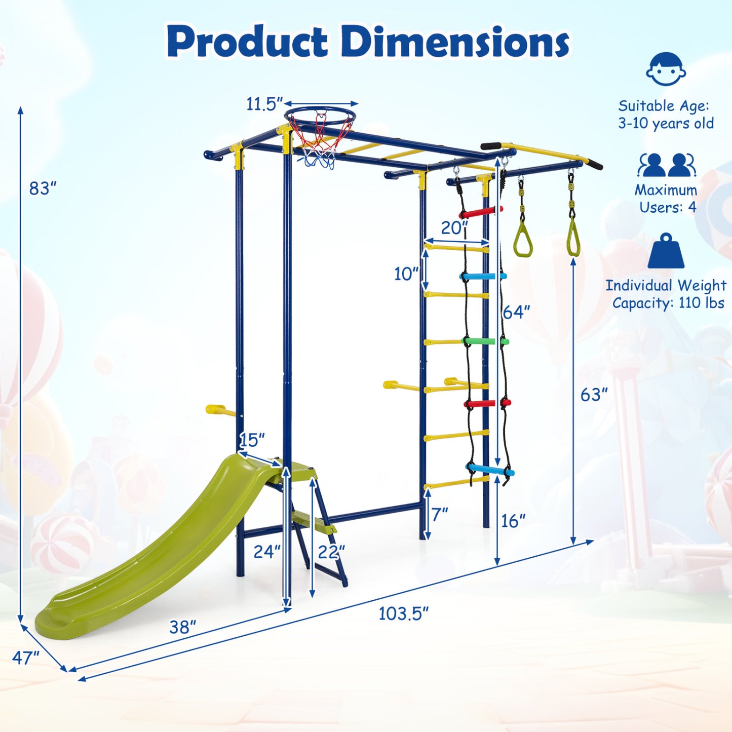 7-in-1 Indoor Jungle Gym for Toddlers with Slide & Rings