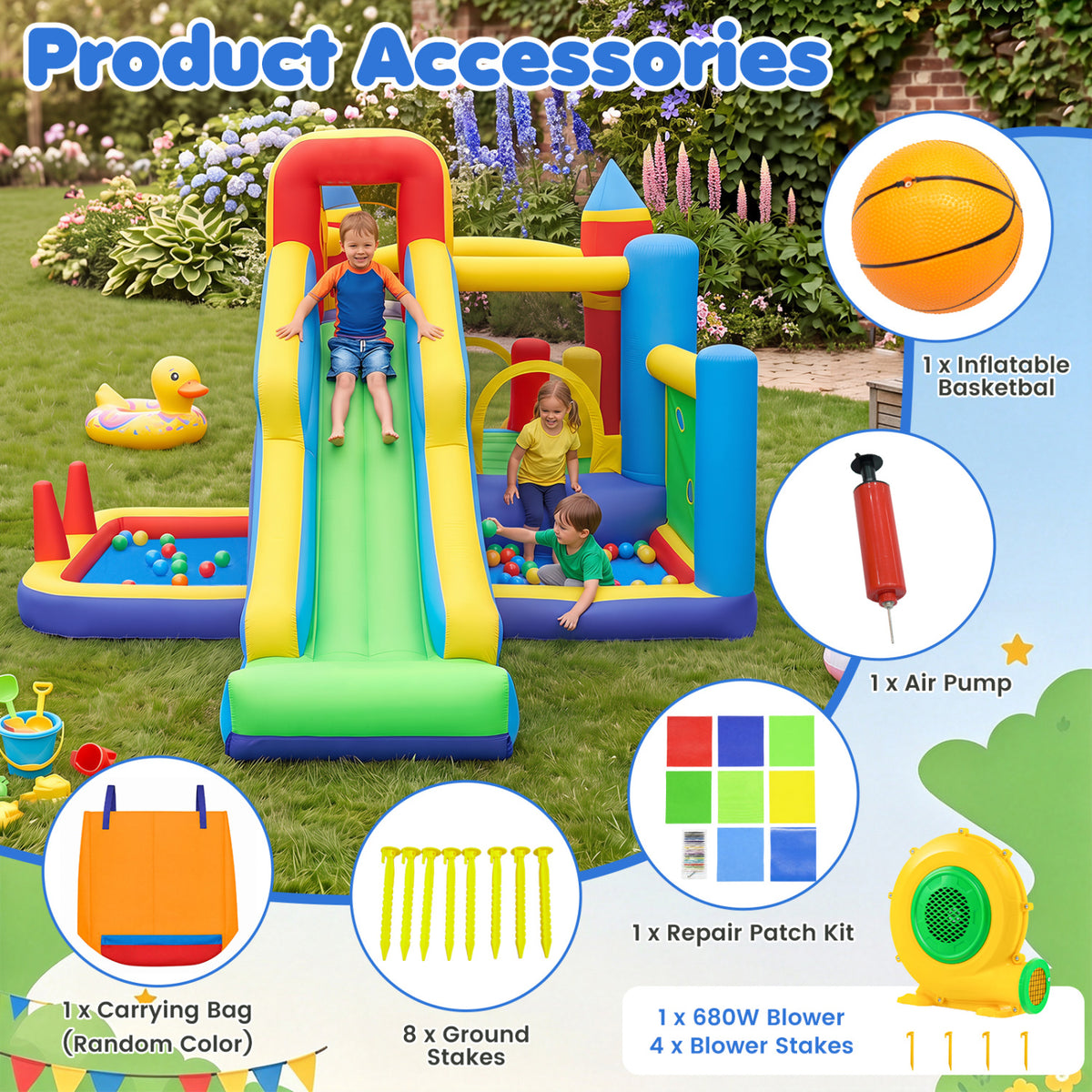 7-in-1 Inflatable Bounce House with Slide and Ball Pit