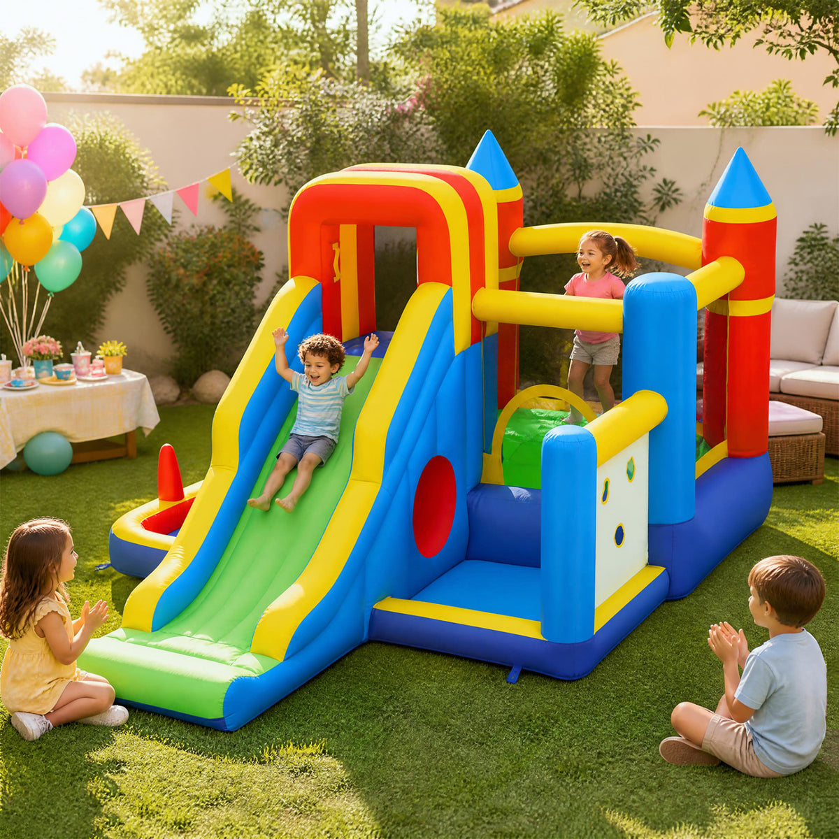 7-in-1 Inflatable Bounce House with Slide and Ball Pit