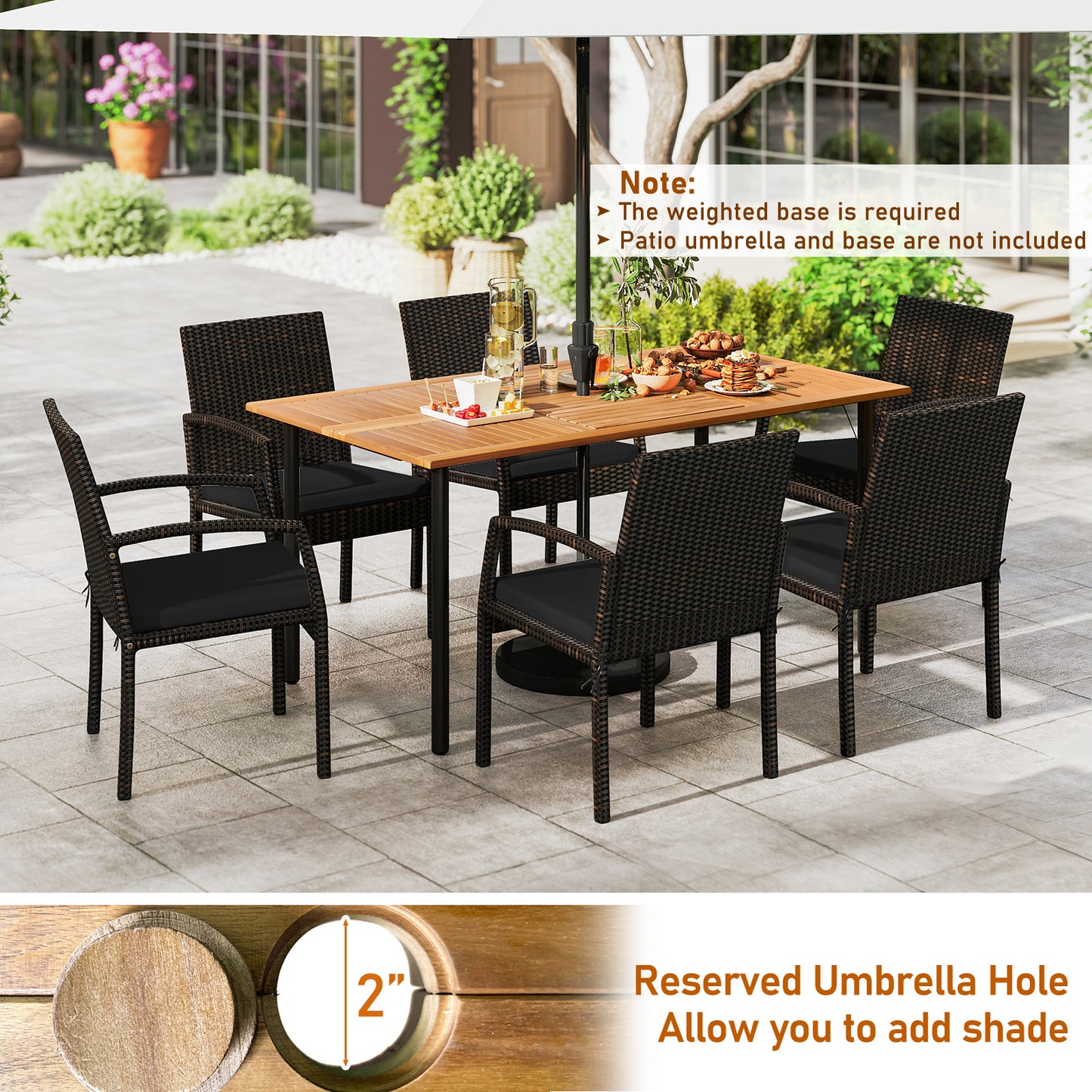 7 Pieces Patio Rattan Cushioned Dining Set with Umbrella Hole-Black