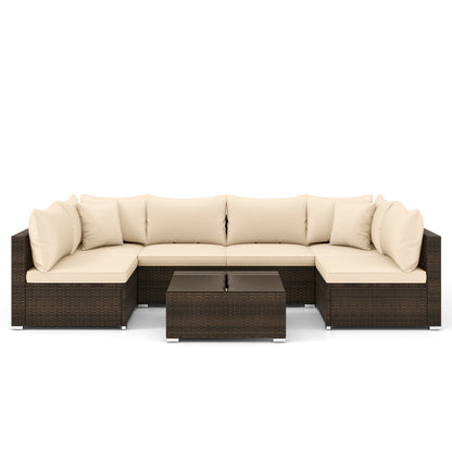 7 Pieces Patio Rattan Furniture Set with Sectional Sofa Cushions