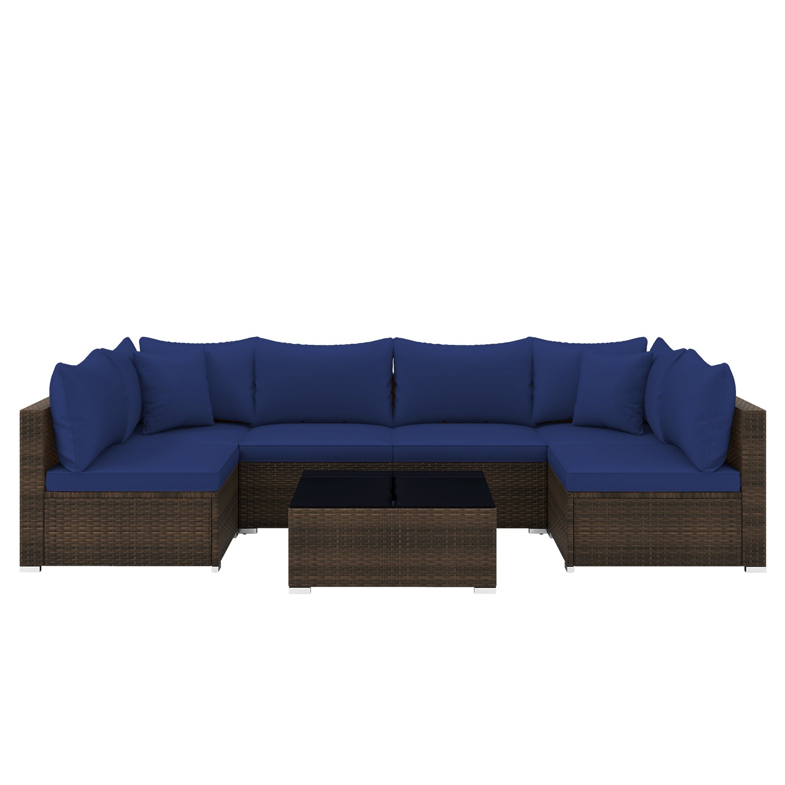 7 Pieces Patio Rattan Furniture Set with Sectional Sofa Cushions-Beige - Navy