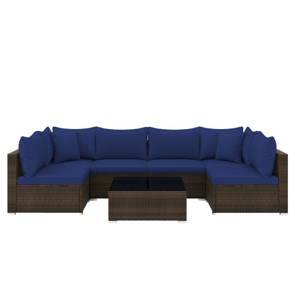 7 Pieces Patio Rattan Furniture Set with Sectional Sofa Cushions-Beige - Navy