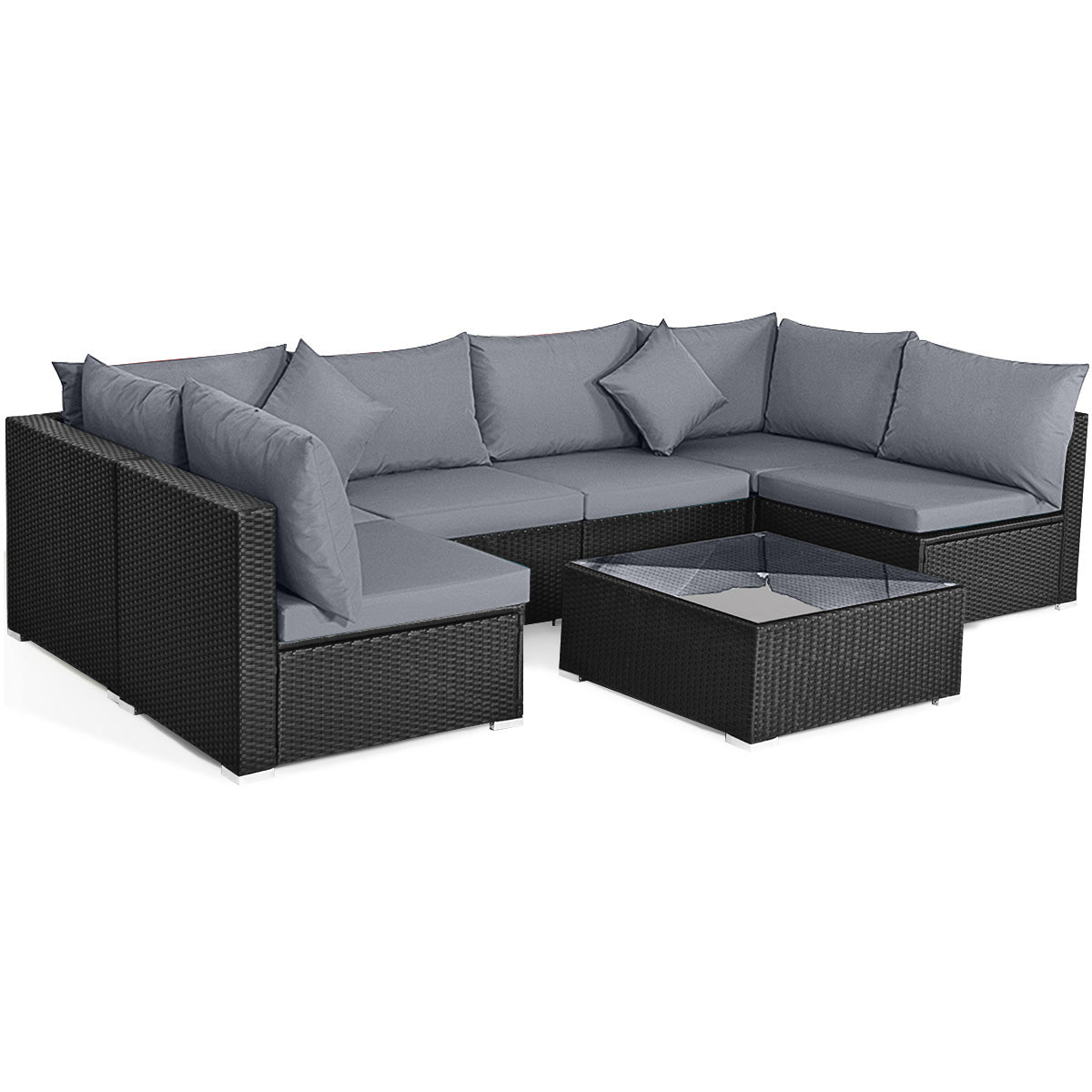 7 Pieces Sectional Wicker Furniture Sofa Set with Tempered Glass Top-Red - Gray