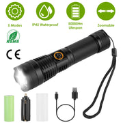 Tactical LED Flashlight Zoomable Rechargeable