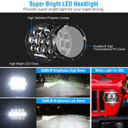 2Pcs 7In 75W Round LED Headlight 3500LM Halo Car Headlamp with DRL High Low Beam for Jeep Wrangler TJ JK CJ with H4 to H13 Adapters Plug and Play