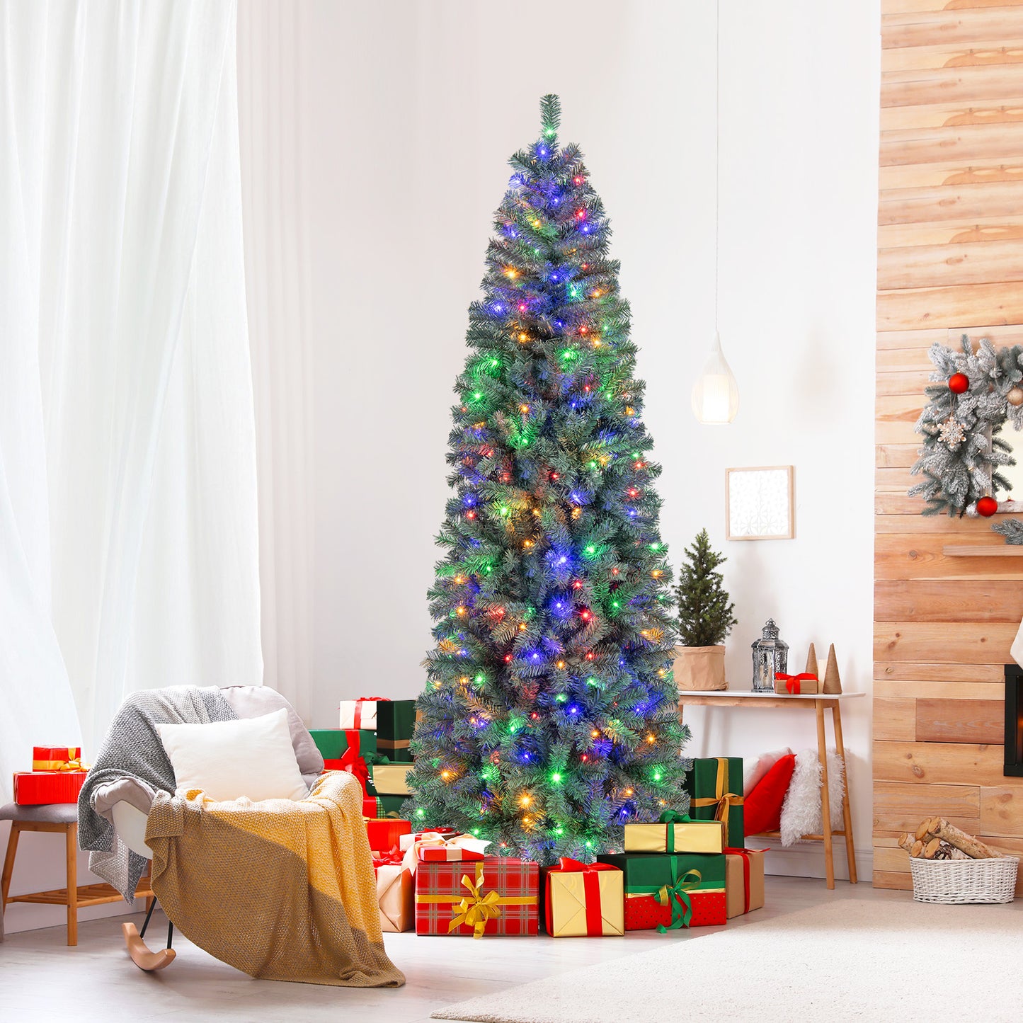 7.5 Feet Pre-Lit Blue Artificial Christmas Tree Slim with 9 Lighting Modes-7.5 ft