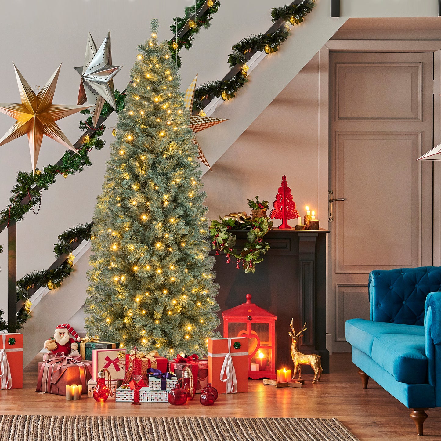 7.5 Feet Pre-Lit Blue Artificial Christmas Tree Slim with 9 Lighting Modes-7.5 ft
