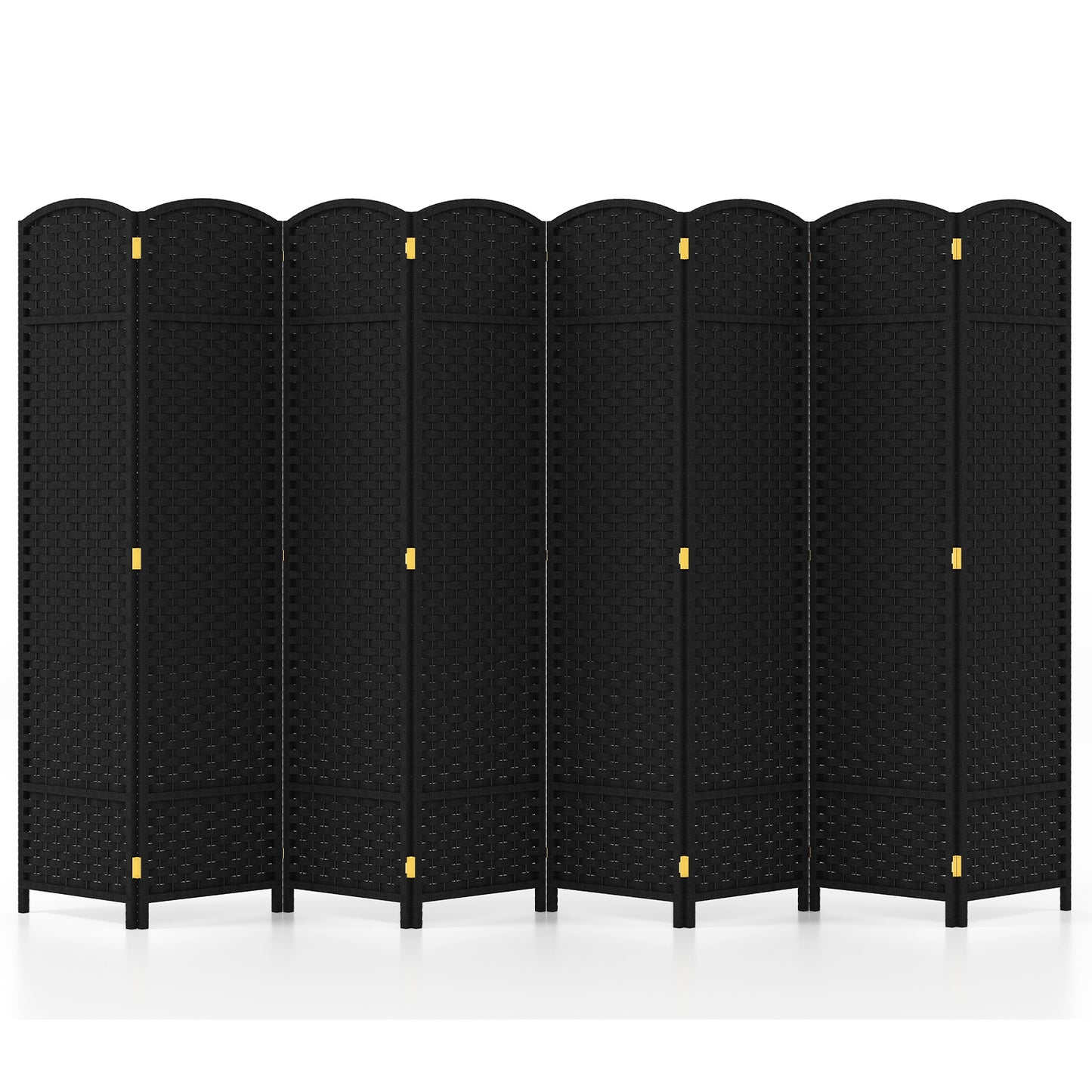 8-Panel Folding Room Divider with Hand-woven Texture and Wood Frame-Black