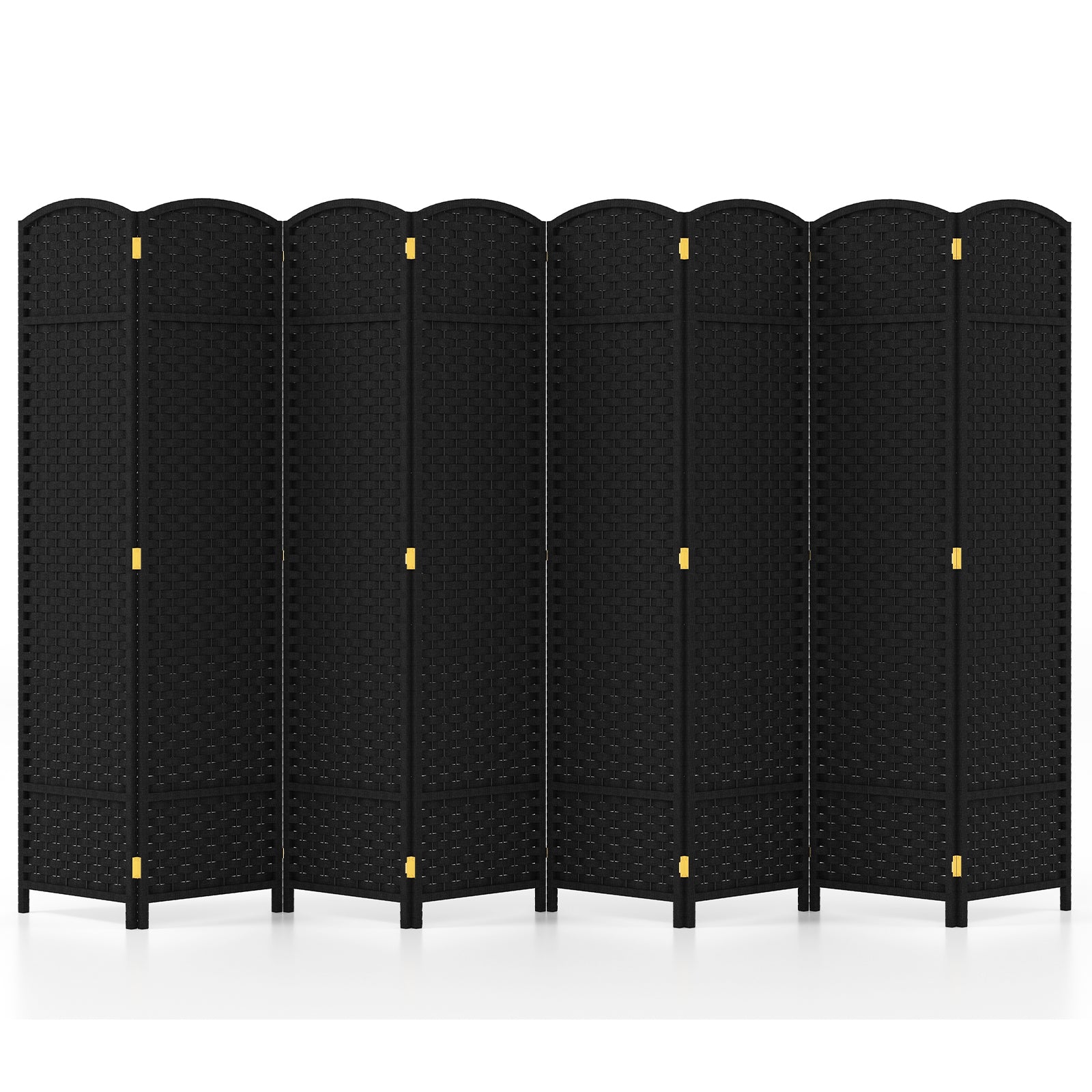 8-Panel Folding Room Divider with Hand-woven Texture and Wood Frame-Black
