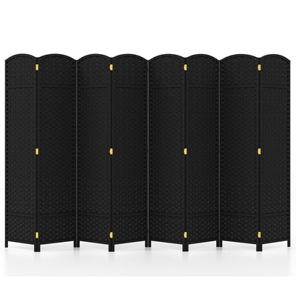 8-Panel Folding Room Divider with Hand-woven Texture and Wood Frame-Black