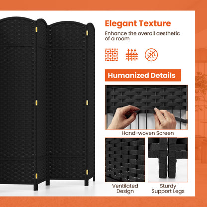 8-Panel Folding Room Divider with Hand-woven Texture and Wood Frame-Black